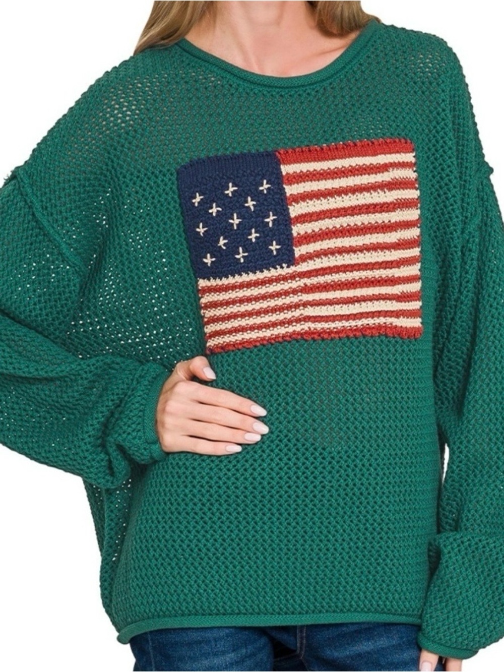 NEW Zenana Outfitters Teal Green Open-Knit Oversized Sweater with Flag Detail! - Picture 3 of 4